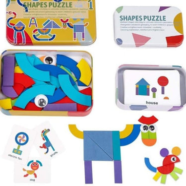 Ecotoys Tangram FunBox | Descubre creatividad y diversión de aprendizaje - Set de rompecabezas de madera 3D